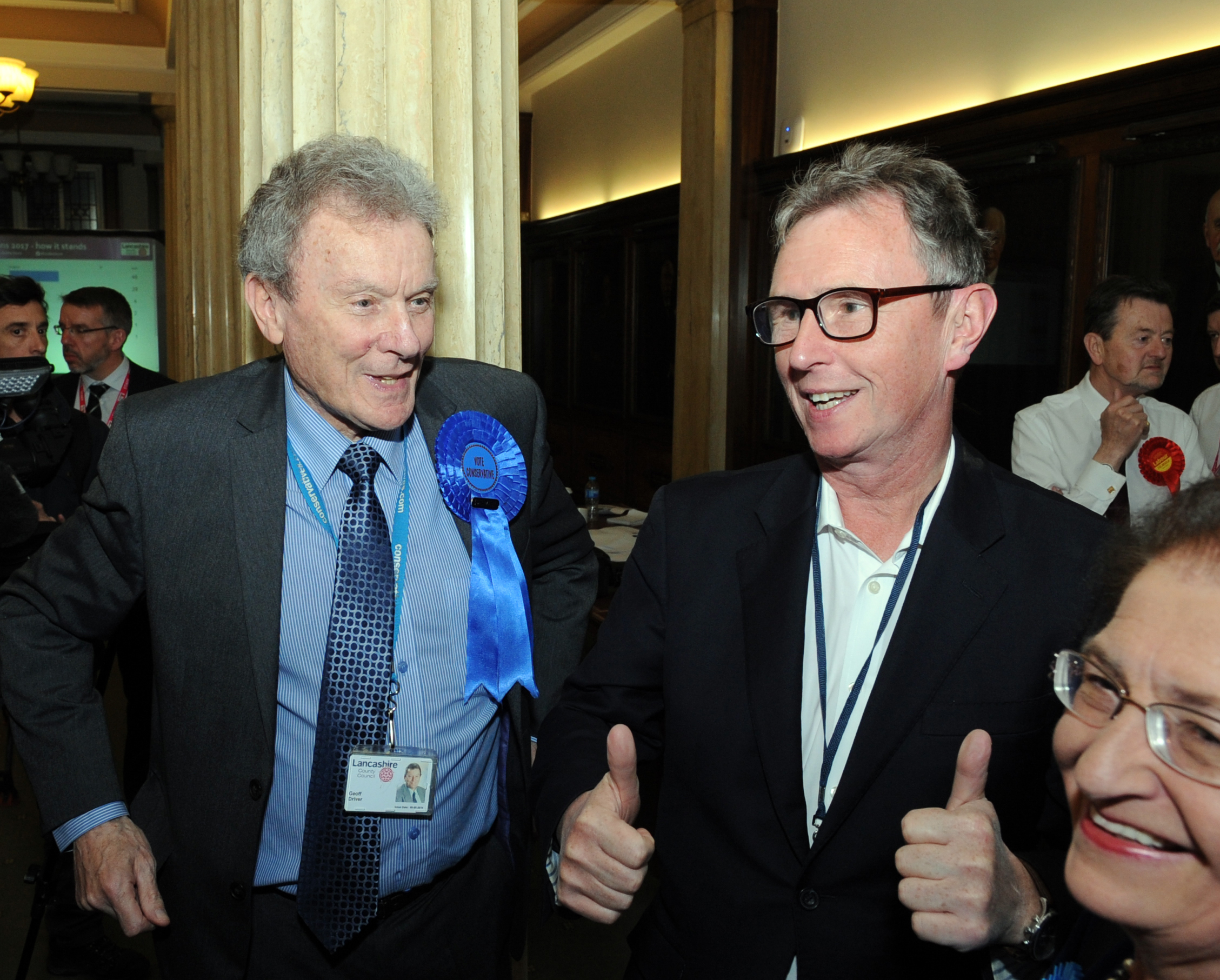 Election results at County Hall, Preston in 2017. Geoff Driver and MP Nigel Evans celebrate