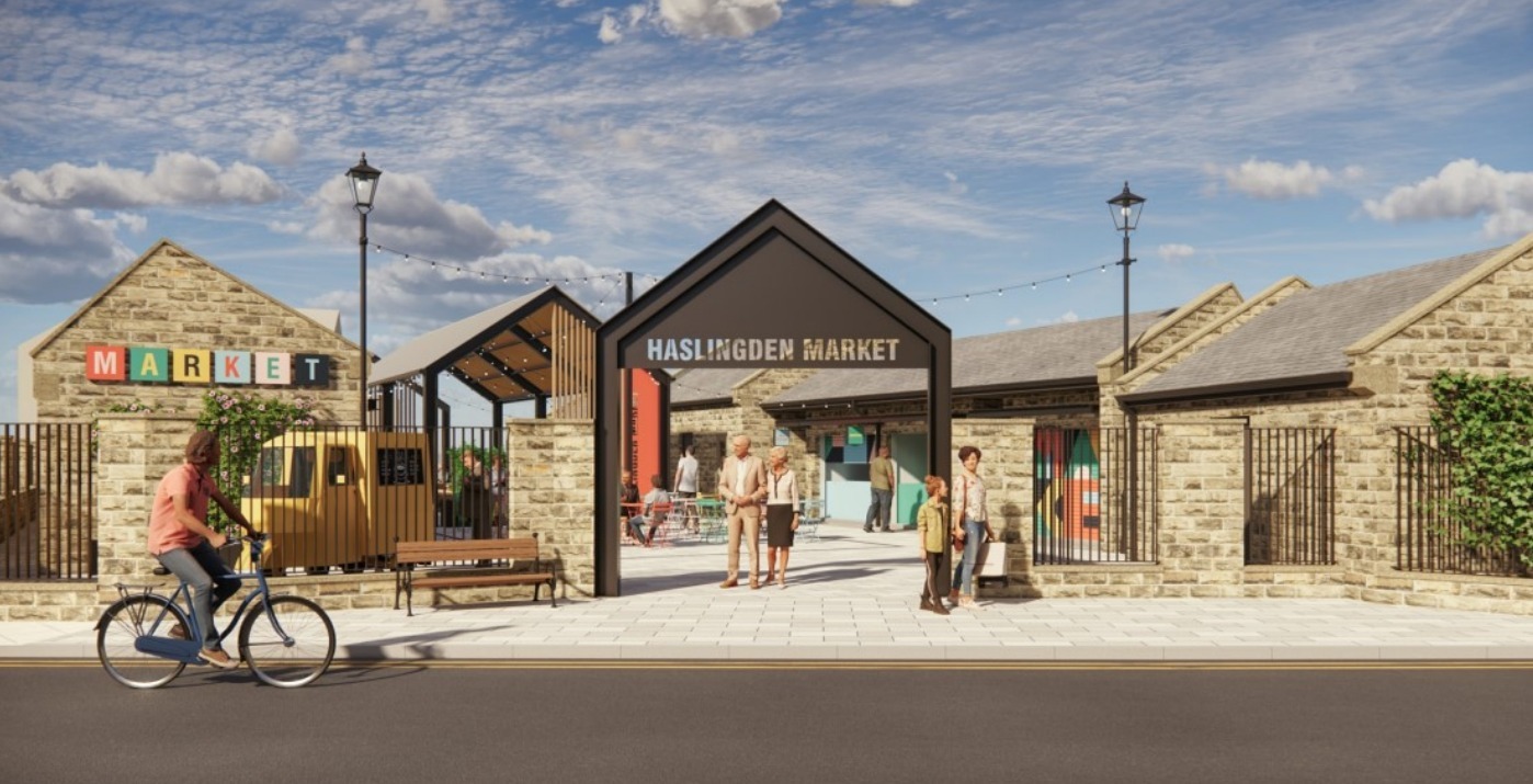 Artist impression of new-look Haslingden Market, Rossendale. September 2023. Image from Rossendale Council report. LDRS partner approved.