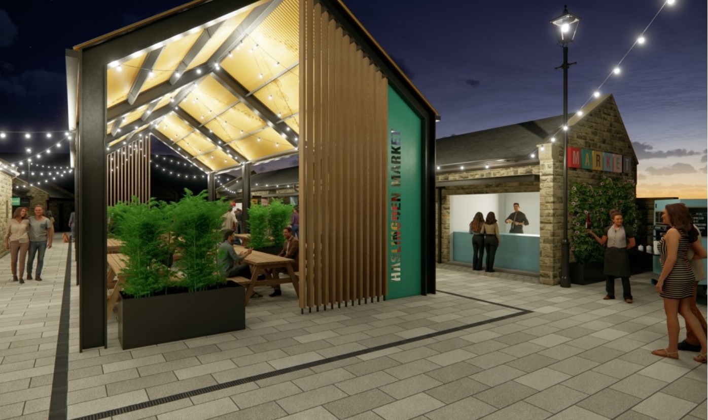 Artist impression of new-look Haslingden Market, Rossendale. September 2023. Image from Rossendale Council report. LDRS partner approved.